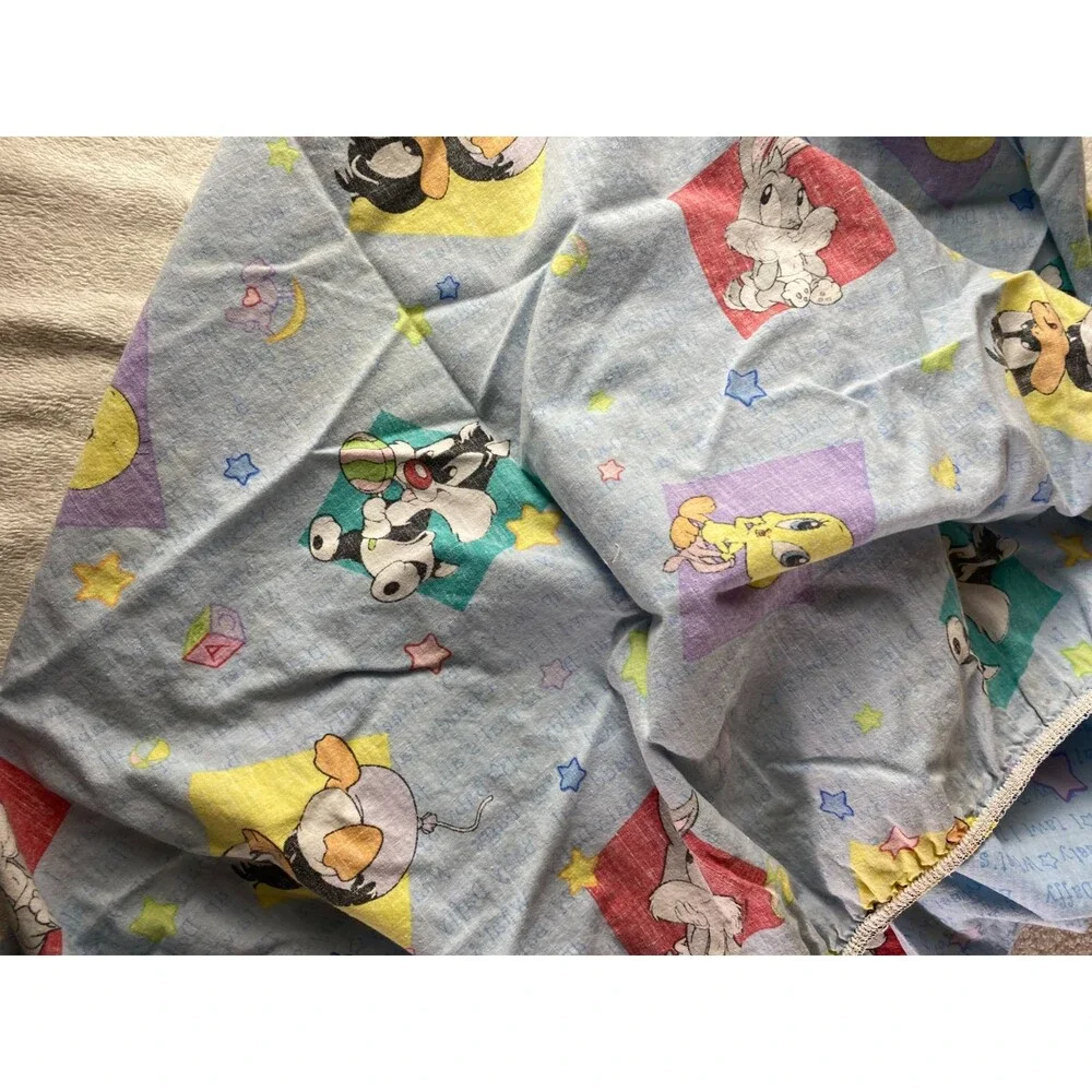 Vintage Looney Tunes Babies Blue Fitted Crib Sheet Tweety Bugs Daffy Sylvester